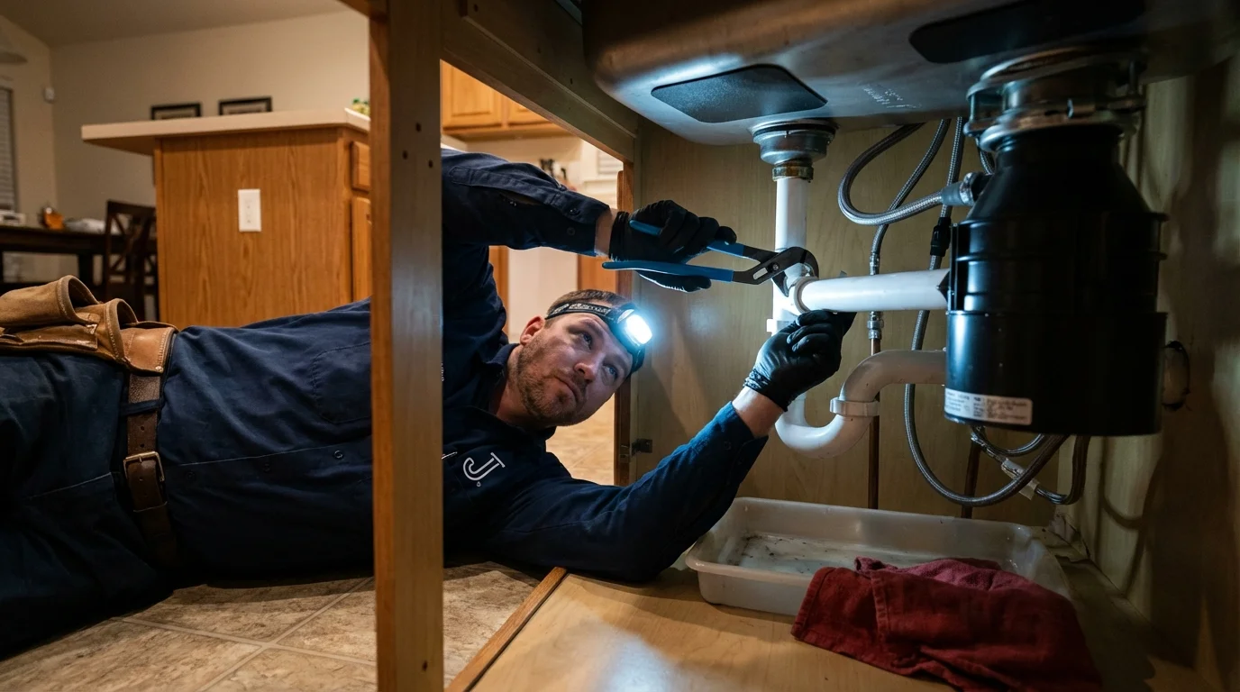 P-trap and supply line connections under a kitchen sink showing a common leak point in Boydton, VA